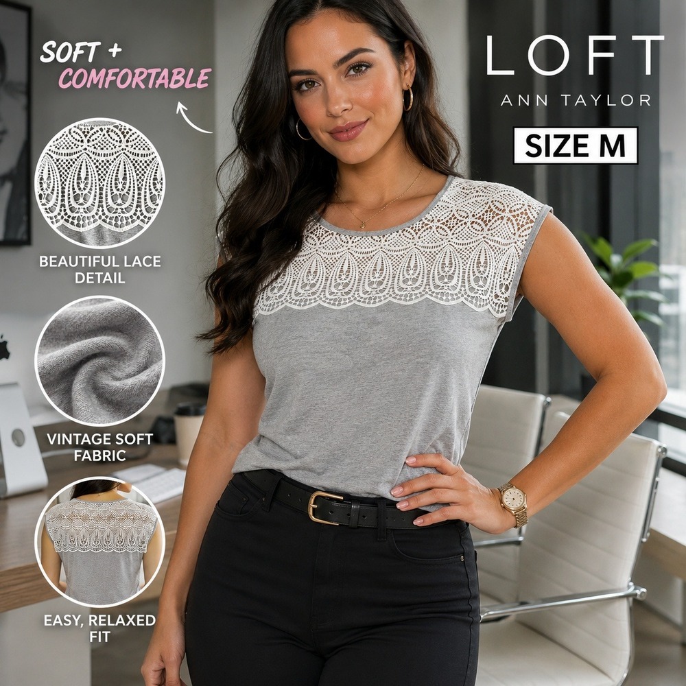 Loft Ann Taylor Vintage Soft Grey Lace Yoke Sleeveless Knit Top Medium